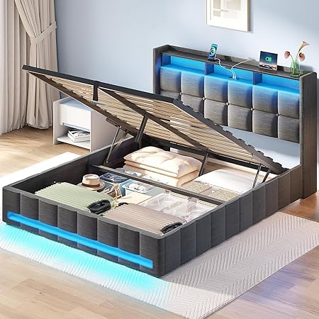 Rolanstar Queen Size Bed Frame with Lift Up Storage, Charging Station & LED Lights, Upholstered Bed with Heavy Duty Wooden Slats, No Box Spring Needed, Noise Free, Easy Assembly, Dark Grey