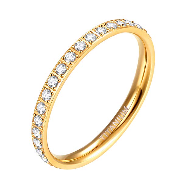 TIGRADE 2mm Women Titanium Eternity Ring Cubic Zirconia Anniversary Wedding Engagement Band Size 4 to 13