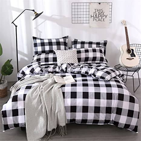 Webest Duvet Cover Set Checkered Buffalo Check Simple Geometric Square Pattern Bedding Set Modern Microfiber Plaid Anti Wrinkle 1 Duvet Cover 2 Pillowshams (King, Grey Black and White)