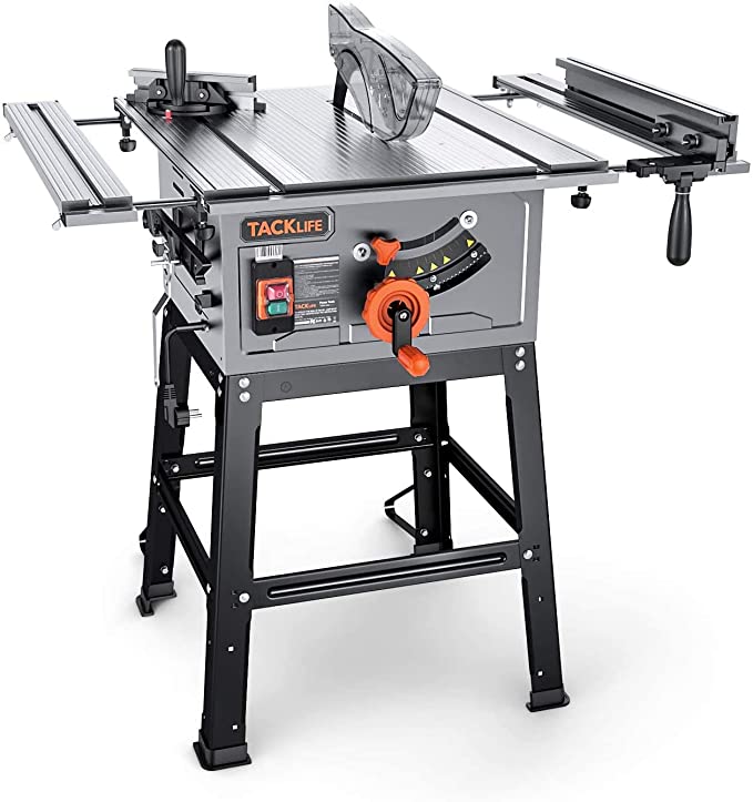 TACKLIFE Table Saw, 10-Inch 15-Amp Table Saw 4800RPM, 24T Blade, 31-1/2'' Rip Capacity, 45ºBevel Cutting, Aluminum Extension Table, Jobsite Table Saw with Stand, Miter Gauge, Push Bar - MTS01A