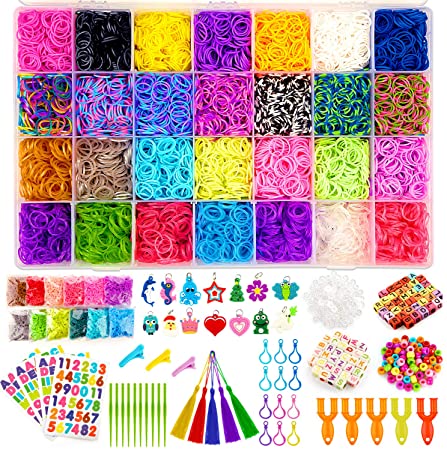 KAQINU 21000  Rainbow Rubber Bands Refill Kit, Over 19500 Premium Loom Bands, 1200 S-Clips, 402 Beads, 30 Charms, 5 Y Looms, ABC Stickers, Crochet Hooks, Backpack Hooks with Organizer Box for Kids