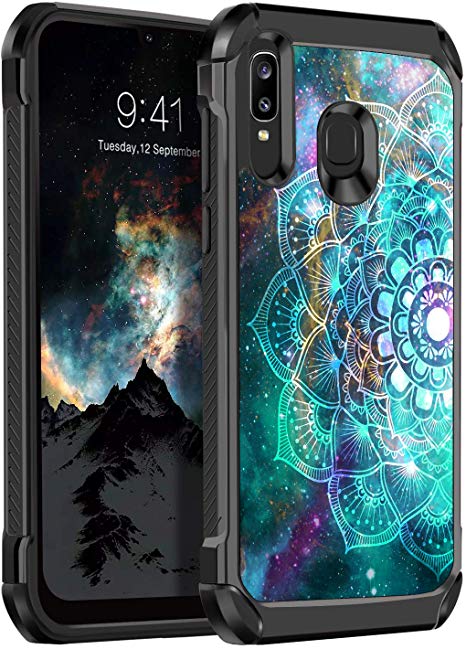 BENTOBEN Samsung Galaxy A30 Case, 2 in 1 Hybrid Rugged Anti-Slip Soft Rubber Bumper Hard Cover for A20 Luminous Girls Case Shockproof Protective Phone Case for Samsung Galaxy A50, Mandala in Galaxy