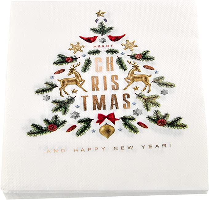 HOME-X White with Christmas Tree Paper Napkins, 6.5 in Xmas Napkins - Luncheon Cocktail Lunch Buffet-Holiday Dinner Party 48 Pack Disposable
