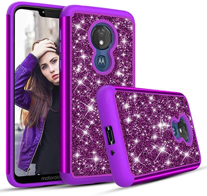 Moto G7 Power Glitter Case, Heavy Duty Sparkling Crystal Bling Cute Girls Womens Phone Case Cover –– Drop Tested Motorla Moto G7 Power Compatible Phone Case (Purple)