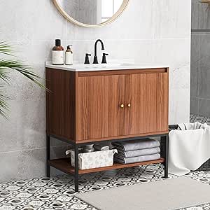 Giantex Bathroom Vanity with Sink Combo - 31" Bathroom Cabinet with Doors, Open Shelf, Sink, Backsplash, Stainless Faucet, Pop Up Drain, Vessel Sink Faucet Set, Pedestal Sink Storage Cabinet, Walnut