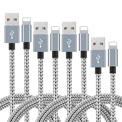 Phone Cable 4pcs 3FT 6FT 6FT 10FT Nylon Braided Cord Charger Compatible with PhoneX/Phone8/8Plus/7/7Plus/6/6s/6Plus and More (Grey  White)