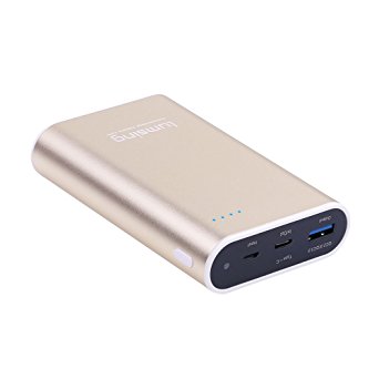 Lumsing USB C External Battery Pack 10050 mAh, Quick Charge 3.0 Power Bank USB-C Battery Charger Type C Charging Block for nexus 6p iPhone Samsung and more(Golden)