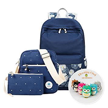 Sunki Canvas Laptop Bag Casual Lightweight College Shoulder Bag School Backpack Rucksack with Cross-body Bag / Purse Pen Bag and One Led Owl Keychain for Girls Boys Students Womens Deep Blue