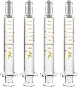 QWORK Luer Lock Reusable Glass Syringe with No Needle, 4 Pack 5ml Accurate Measuring Syringe for Labs