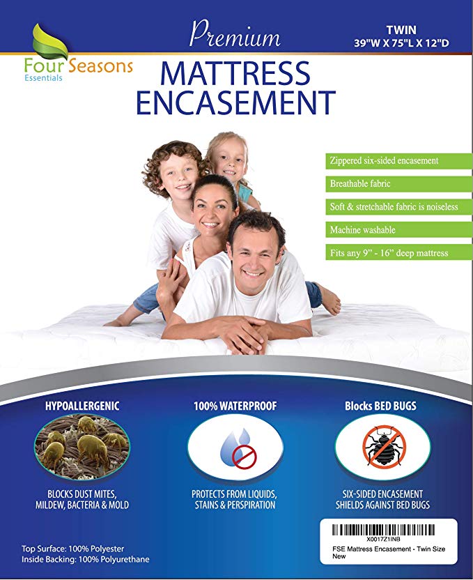 Four Seasons Essentials Twin Size Mattress Protector Bedbug Waterproof Zippered Encasement Hypoallergenic Premium Quality Cover Protects Against Dust Mites Allergens