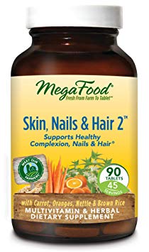 MegaFood, Skin, Nails, and Hair 2, Whole Food Multivitamin and Dietary Supplement, Supports Healthy Complexion, Nails, and Hair, Vegetarian, Gluten Free, Non-GMO, 90 Tablets (45 Servings)