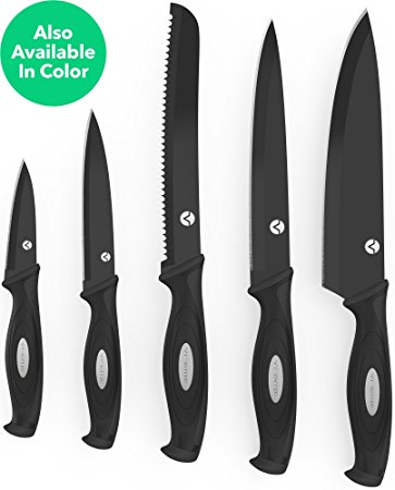 Vremi 10 Piece Black Knife Set - 5 Kitchen Knives with 5 Knife Sheath Covers - Chef Knife Sets for Cooking with Carving Serrated Utility Chefs and Paring Knives - Magnetic with Matching Blades Case