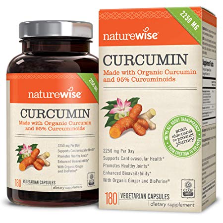 NatureWise ORGANIC Curcumin Tumeric 1650mg,180 caps with 95% Curcuminoids for Cardiovascular Support & Healthy Joints with Advanced Absorption