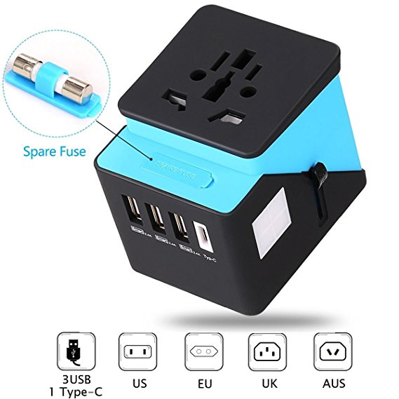 Universal Travel Adapter, Travel Power Adapter, All in One Travel Charger with 3 USB & 1 Type-C 3.4A, International Power Adapter for US, UK, EU, AU, Over 160 Countries