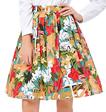 GRACE KARIN Women Pleated Vintage Skirts Floral Print CL6294 (Multi-Colored)