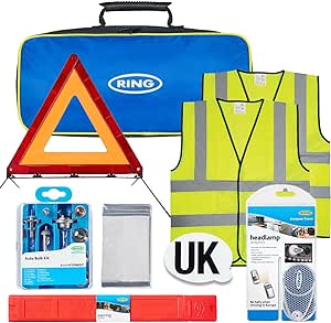 Ring RK002 Essential European Travel Kit - Headlight Deflectors, Warning Triangle, UK Sticker, Bulb Kit, High Visibility Jackets, First Aid Kit, Foil Blanket