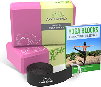 Apple Rhino Premium 2nr Yoga Blocks and Strap - Includes FREE e-Book; 2 pack high density yoga block with metal D ring cotton belt; provides Stability, Balance, Strength for yoga and pilates practice