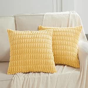 Fancy Homi 2 Packs Yellow Decorative Throw Pillow Covers 22x22 Inch for Living Room Couch Bed Sofa, Rustic Farmhouse Boho Home Decor, Soft Striped Corduroy Square Cushion Case 55x55 cm