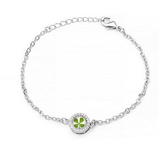 Stainless Steel Real Irish Four Leaf Clover Good Luck Symbol White Crystal Round Bracelet 7''-8.5''