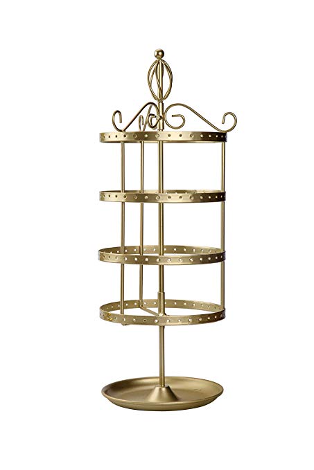AmigasHome Antique 4 Tier Swivel Metal Jewelry Organizer Tower Necklace Tree Bracelet Ring Holder with Hanging Earring Display Stand - Classic Gold