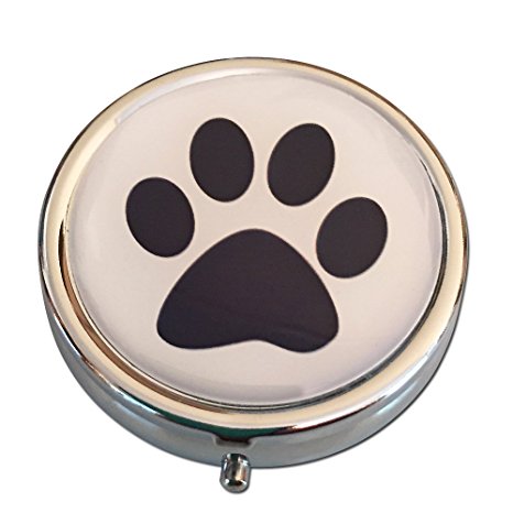 Dog Paw Print Round Silver Three Compartment Pocket/Purse/Travel Pill Box Case