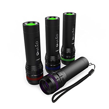 OxyLED OxyWild MD02 Zoomable Mini LED Flashlight, 3 Lighting Modes, Colorful Decorative Ring (Red, Blue, Green, Purple), 4 Pack