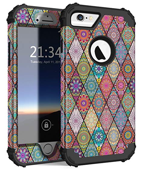 iPhone 6s Case, iPhone 6 Case, Hocase Shockproof Silicone Rubber Hard Plastic Hybrid Full Body Protective Phone Case for iPhone 6/6s with 4.7-inch Display - Mandala Flowers/Black