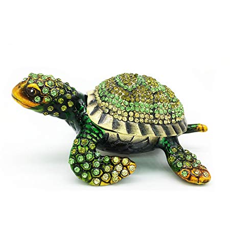 Waltz&F Diamond Turtles Hinged Trinket Box Hand-Painted Animal Figurine Collectible (Green)