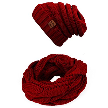 Winter Scarfs Knit Infinity Scarf Women & Men Circle Loop Scarves Hat Set