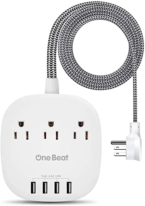 One Beat Desktop Power Strip with 3 Outlet 4 USB Ports 4.5AFlat Plug and 5 ft Long Braided Cords for Home Travel Office [ETL Listed]