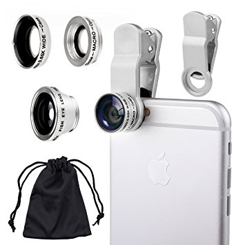 Camkix Universal 3 in 1 Camera Lens Kit for Smart phones (iphone, Galaxy, HTC, Motorola), Ipad, Ipod touch, Laptops / One Fish Eye Lens / One 2 in 1 Macro Lens and Wide Angle Lens / One Universal Clip / One Microfiber Carrying Bag with Camkix retail packaging(Silver)