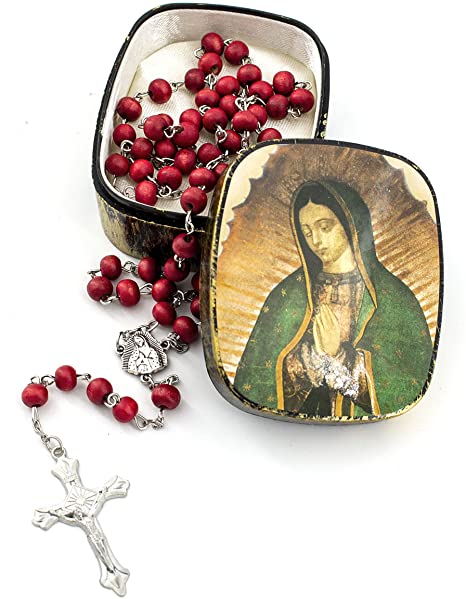 Catholic Rose Petal Red Rosary Necklace with Rose Scented 6mm Red Wood Rosary Beads and Our Lady of Guadalupe Lacquered Rosary Box Case (Guadalupe)