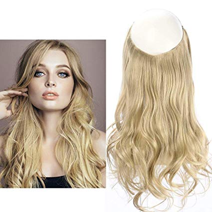 Blonde Hair Extension Halo Secret Invisiable Flip Hidden Wire Crown Natural Fake Curly Long Synthetic Hairpiece For Women Japan Heat Temperature Fiber SARLA 16" 3.7oz