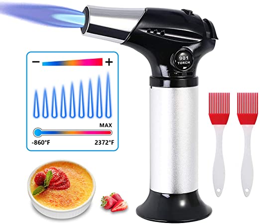 flintronic® Antorcha de Cocina, Antorcha de Butano Rellenable con Cierre de Seguridad, Llama Ajustable con 2 Cepillos de Silicona para Cocinar, Barbacoa, Pasteles, Soldadura (Gas Butano no Incluido)