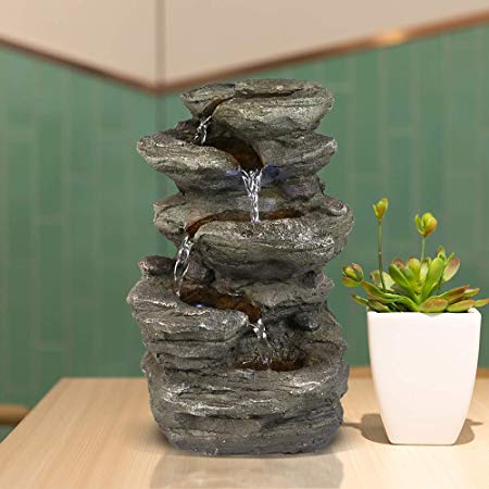 BBabe Staggered Rock Cascading Fountain 11", 5-Tiered Feng Shui Rocky Water Falls Tabletop Water Fountain with LED Lights for Home Office Decor