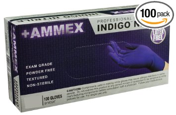 Ammex AINPF Indigo Nitrile Glove, Medical Exam, Latex Free, Disposable, 3 mil Thickness,  Powder Free, Medium (Box of 100)
