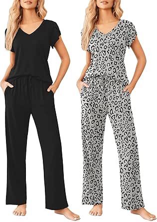 Ekouaer 2 Pack Womens Pajamas Short Sleeve Sleepwear Top with Pants Super-Soft Printed Lounge Sets S-XXL