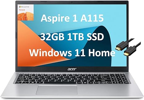 Acer Aspire 1 A115-32-C96U Slim Laptop 15.6" FHD (Intel Celeron N4500, 32GB RAM, 1TB PCIe SSD, UHD Graphics) Home & Student, 1-Year Office 365, Ethernet, Wi-Fi, Webcam, IST HDMI, Win 11 Home, Silver