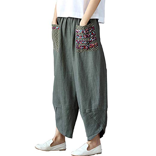 Helisopus Womens Baggy Casual Trousers Cotton Linen Loose Harlan Pants Elastic Waist