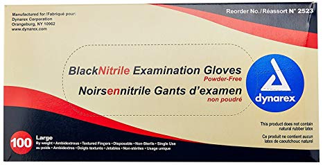 Dynarex 2523 Nitrile Exam Gloves, Large, Black, 5 Packs of 100 (Pack of 500)