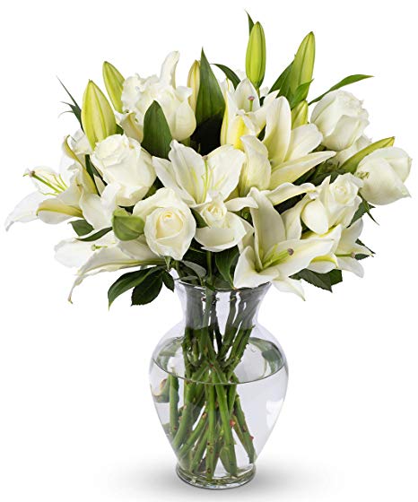 Benchmark Bouquets White Roses and White Oriental Lilies, With Vase (Fresh Cut Flowers)