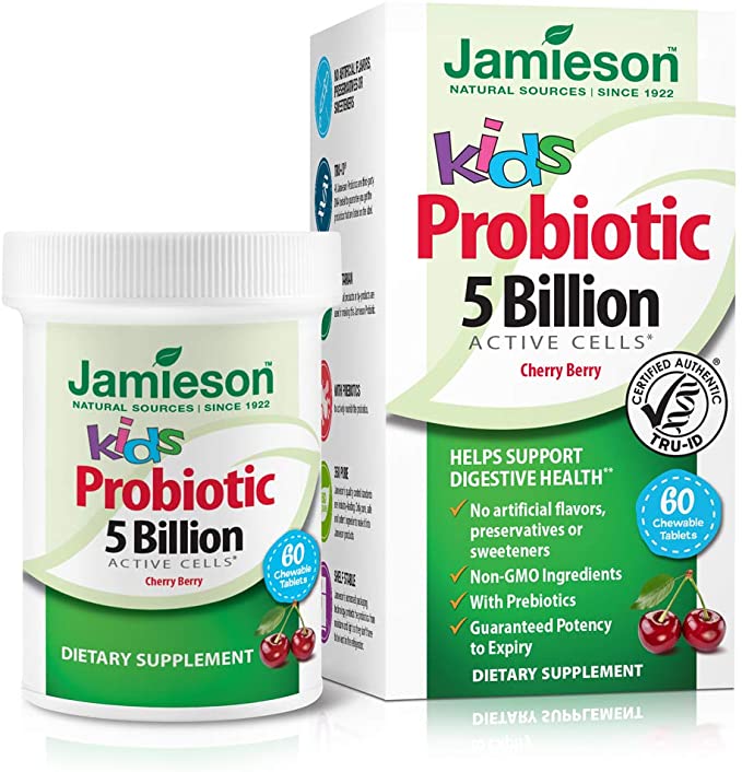 Jamieson Chewable Probiotics for Kids - Kid's Probiotic 5 Billion CFU - Probiotic Supplement with Prebiotics for Immune Support, Childrens Probiotics Kid Tablet in Cherry Berry Flavor (60 Count)