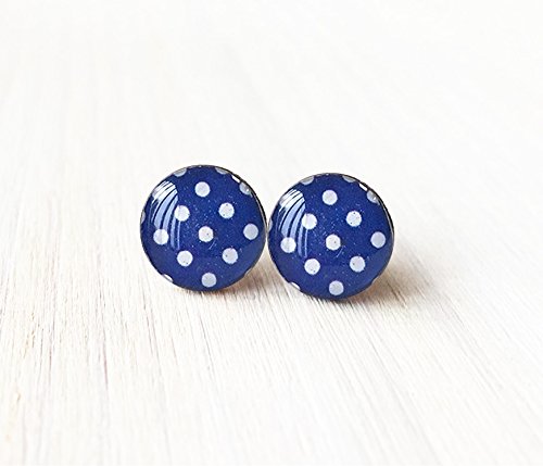 Navy Blue Nostalgia Polka Dots - Stud Earrings, Surgical Steel Post Earrings and Butterfly Backs, Nickel Free