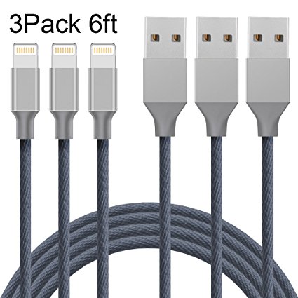 ONSON iPhone Cable,3Pack 6FT Nylon Braided Cord Lightning Cable Certified to USB Charging iPhone Charger for iPhone 7/7 Plus/6/6 Plus/6S/6S Plus,SE/5S/5,iPad,iPod Nano 7 (Gray,6FT)