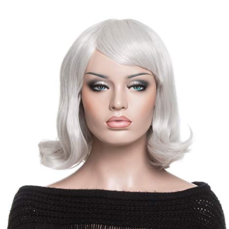 YOPO Wig, Short Wavy Silvery Wigs for Women, 16'' Cosplay Medium Length Wig(Silvery)