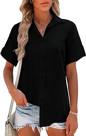 Zeagoo Women Linen Button Down Shirt Rolled Cuffed Short Sleeve Blouse Ladies Summer Casual V Neck Beach Cotton Tops