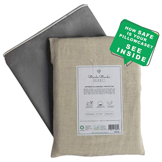 GOTS Certified Organic Cotton Pillow Cases | Zippered Pillowcases | Natural Organic Cotton Pillow Cases Resist Dust Mites & Allergen | Pewter Gray with White Piping | Standard 21x26 | Set of 2 | PC006