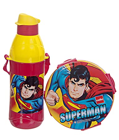 Cello Tiffy Gift Set Insulated Lunch Box   Water Bottle for Kids,Superman, Red