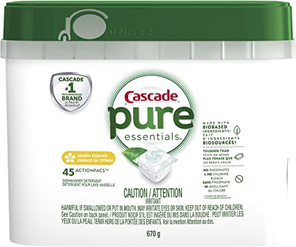 Cascade Pure Essentials ActionPacs, Dishwashing Detergent Pods, Lemon Essence, 45 Count