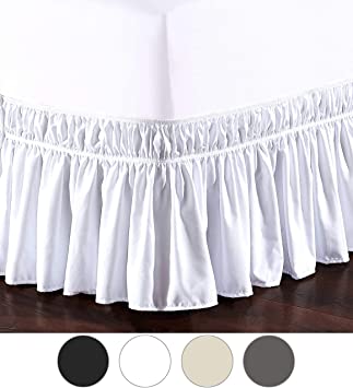 Three Fabric Sides Wrap Around Elastic Style Solid Bed Skirt, Easy On/Easy Off Dust Ruffled Bed Skirts 16 Inch Tailored Drop, Wrinkle and Fade Resistant